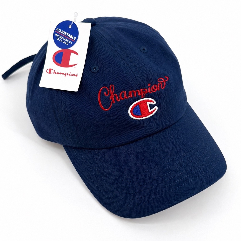 Champion Script Logo Baseball Cap Navy Blue Adjustable Dad Hat NWT One Size